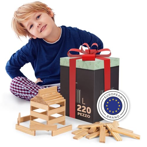 Laleni Costruzioni Legno Bambini, 220 pezzi in Legno Naturale, Blocchi Costruzioni Bambini, Tavolette Costruzioni Legno