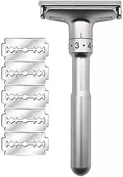 Barbeador Manual Ajustável em Metal com 5 Lâminas de Reposição, Níveis 1-6