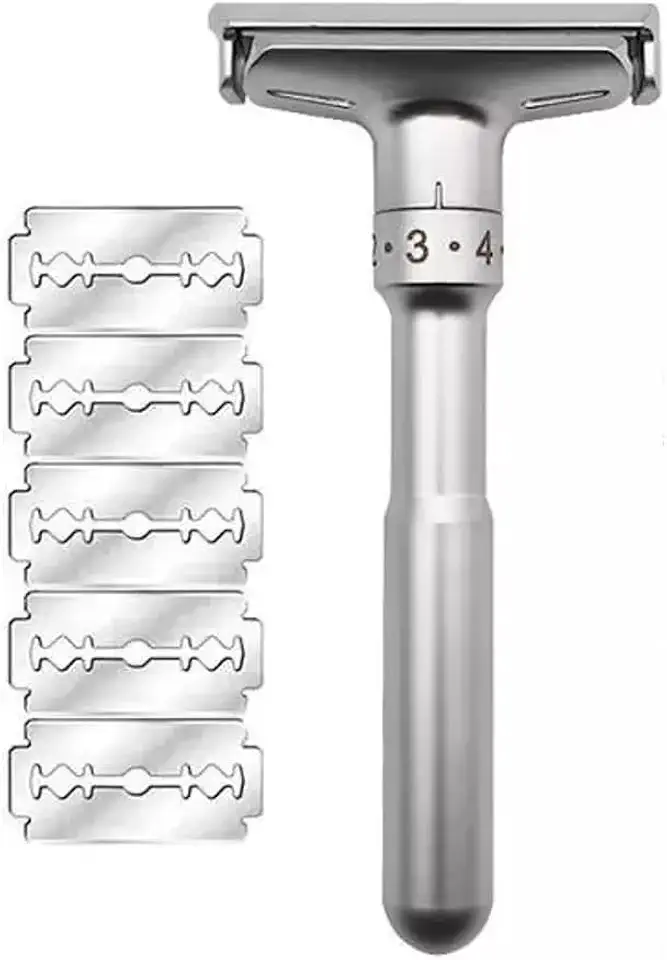 Barbeador Manual Ajustável em Metal com 5 Lâminas de Reposição, Níveis 1-6