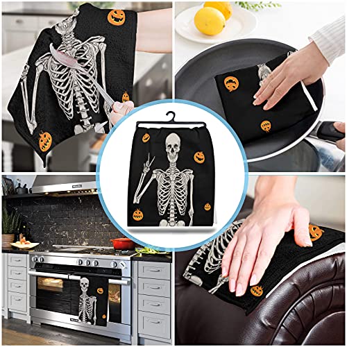 Beisseid Halloween Kitchen Dish Towels, Funny Skull With Grimace Pumpkin Dish Cloth Fingertip Bath Towels Cloth Skeleton Black Hand Drying Soft Cotton Tea Towel Set, 18X28In #TOP3