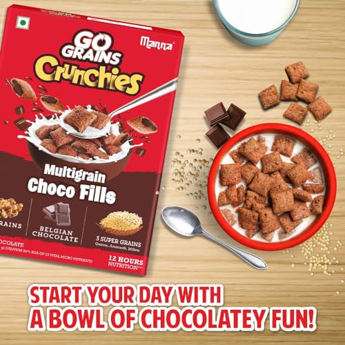 Manna Choco Fills 450G Multigrain. Zero Maida, 10 Grains Protein & Fibre Rich Breakfast Cereal Or Anytime Snack. Go Grains Chocolate Crunchies, 12 Hour Nutrition In Bowl