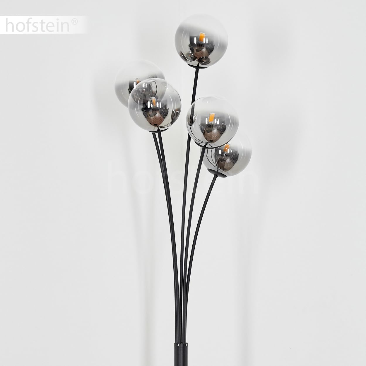 Stehleuchte Bernado, dimmbare Stehlampe aus Metall/Glas in Schwarz/Rauchfarben/Klar, Standleuchte mit Glaskugeln (Ø 12 cm), Höhe 174,5 cm, stufenlos dimmbar über Fußschalter, 5 x G9, ohne Leuchtmittel