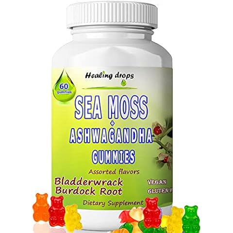 Sea Moss Gummies Ashwagandha with Bladderwrack Burdock Root, Alkaline Keto Vegan Non-GMO Diet, Dairy and Gluten Free – by Healing Drops Cover