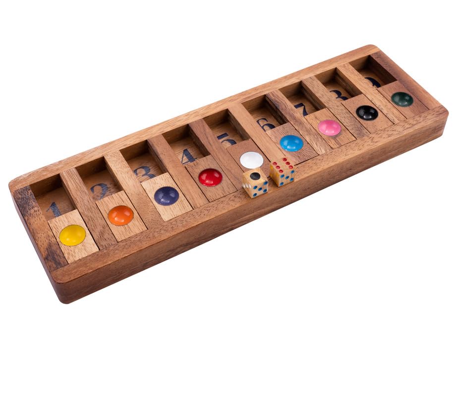 Engelhart - 300406 - Shut The Box 4 Joueurs - Boîte en Bois de Noyer avec Feutrine - 8 dés en Bois - Jeu de société Traditionnel - Dim. 29x29x3,5 cm - Jeux de Dés