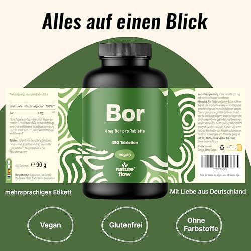 Bor Hochdosiert - 450 Tabletten mit 4mg Bor aus Borax (Natrium Borat) - Boron Tabletten - vegan und produziert in Deutschland - Verpackung kann variieren