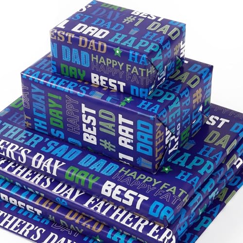 4 Sheets Fathers Day Wrapping Paper Best Dad Wrapping Paper for Gift Wrap Blue and Party Decorations 70x50cm-DIY Presents