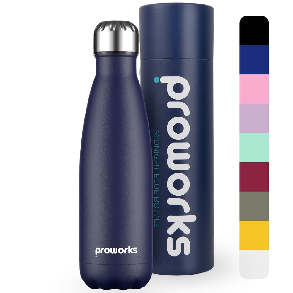 Proworks Performance Stainless Steel Sports Water Bottle | Double Insulated Vacuum Flask for 12 Hours Hot & 24 Hours Cold Drinks - Great for Home, Work, Gym & Travel - 500ml - BPA Free โ Navy Blue โ image 1