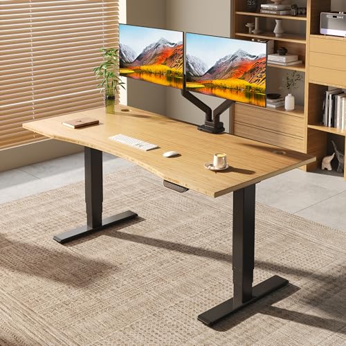 Image of FLEXISPOT E6 MAX Bamboo Dual Motor 48x24 Inch 3-Stage Heavy Duty Standing Desk, 330lbs Weight Capacity, Height Adjustable Desk w /Cable Management & Wheels (Solid Bamboo Curved Desktop + Black Frame)
