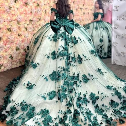 Zhangyo 3D Flowers Quinceanera Dresses with Bow Floral Beaded Sweet 15 16 Dresses with Train Off Shoulder Puffy Ball Gown3