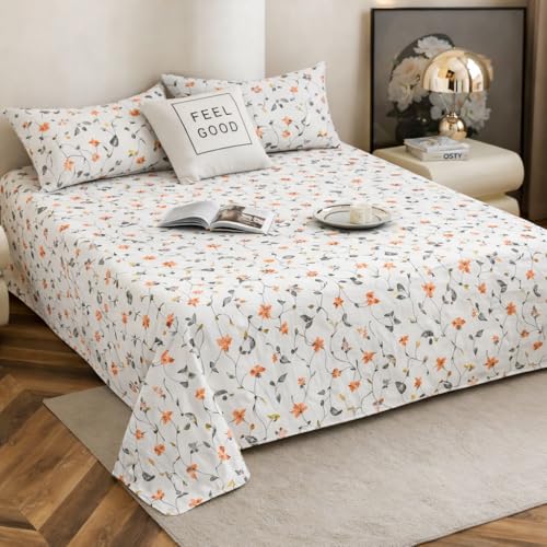 Image of 240 TC Soft Ezyption Cotton Floral Print King Double Bed bedsheet - with 2 Pillow Covers,bedsheet for Double Bed King Size Hypoallergenic, Brethable, (Size- 90 x 90 Inch) White Orange