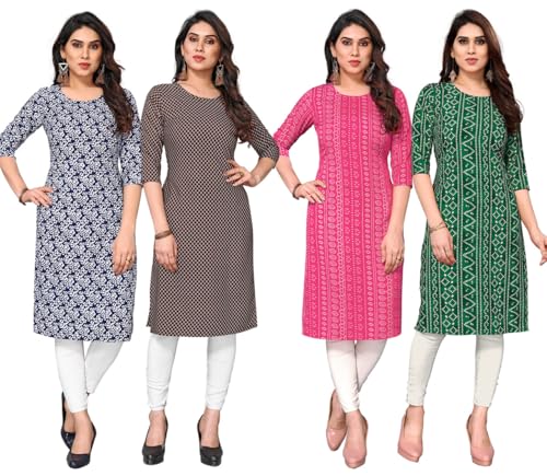 Image of JAKHANA Women's Crepe Printed Casual Straight Calf Length Round Nick Kurta Pack of 4