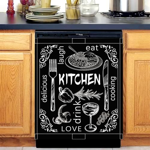 Image of Black Dishwasher Magnet Cover, 23x26 in Summer Decor Dishwasher Magnet Covers Kitchen Decoration Dish Washer Magnets Sticker Funny Fridge Magnets Panel Decal Magnetic Covers
