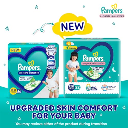 Image of Pampers Complete Skin Comfort Pants Style Baby Diapers, XXX-Large (XXXL) Size, 22 Count, Anti Rash Blanket, Lotion with Aloe Vera, 16-30 kg (Pack of 3)