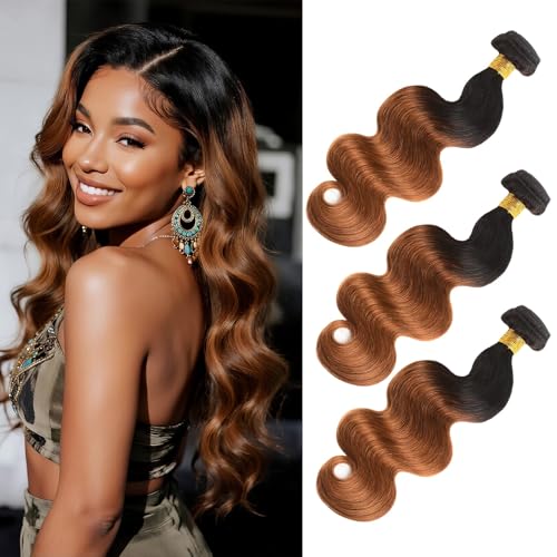 Body Wave Virgin Human Hair Bundles Ombre Black to Honey Brown 26 28 30 Inch Brazilian Remy Hair Extensions 12A 3 Bundles Double Weft Soft Bouncy Weave for Black Women