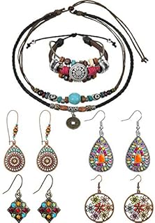 Hicarer Leather Necklace Bead Choker Adjustable Vintage Turquoise Necklace Handmade Woven Beaded Bracelet with 4 Pairs Bohemian Vintage Dangle Earrings Jewelry for Women