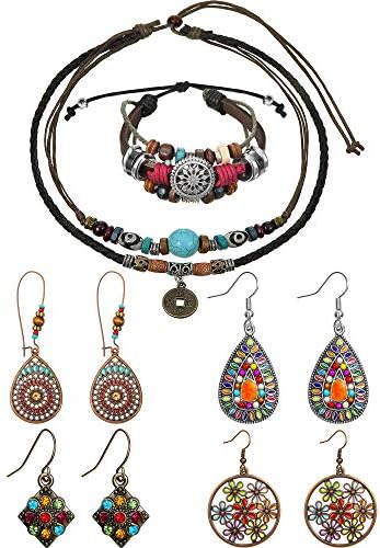 Hicarer Leather Necklace Bead Choker Adjustable Vintage Turquoise Necklace Handmade Woven Beaded Bracelet with 4 Pairs Bohemian Vintage Dangle Earrings Jewelry for Women