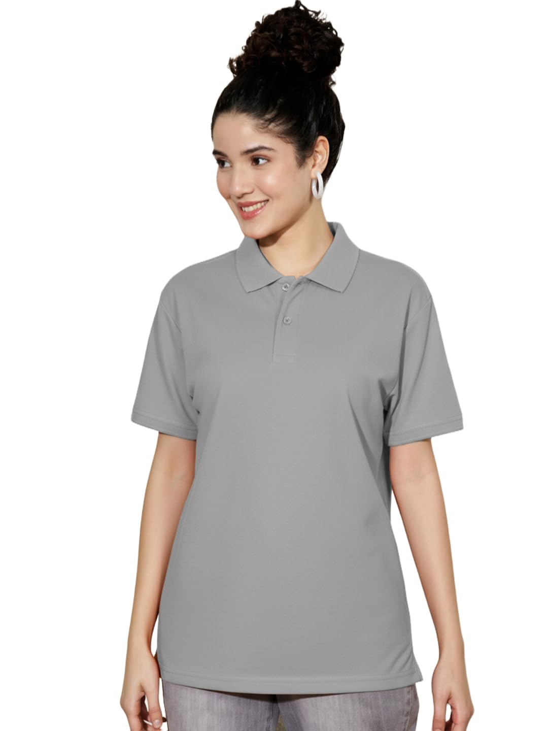 leotude Half Sleeve Cottonblend Polo Tshirt for Women, Polo Neck Solid Tshirt Tops for Women's (ZGrey)-picture-10