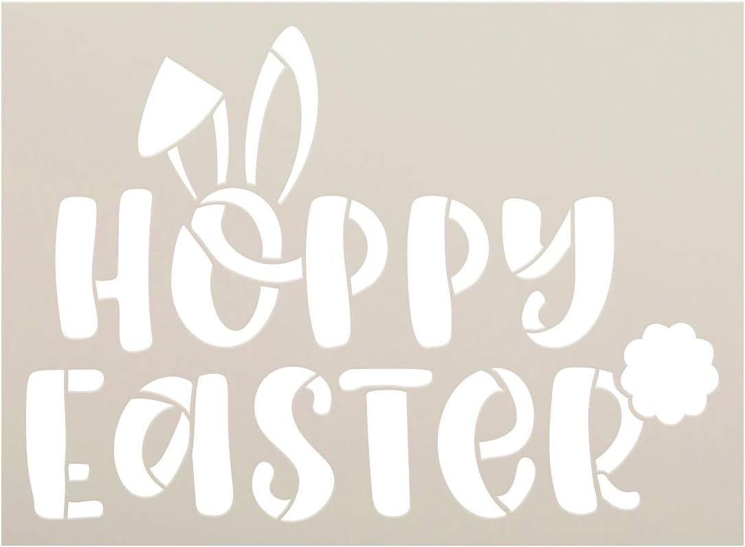 Hoppy Easter Stencil with Bunny Ears by StudioR12 | DIY Fun Spring Home Decor | Craft & Paint Farmhouse Wood Signs | Select Size (7.5 x 5.5 inch)