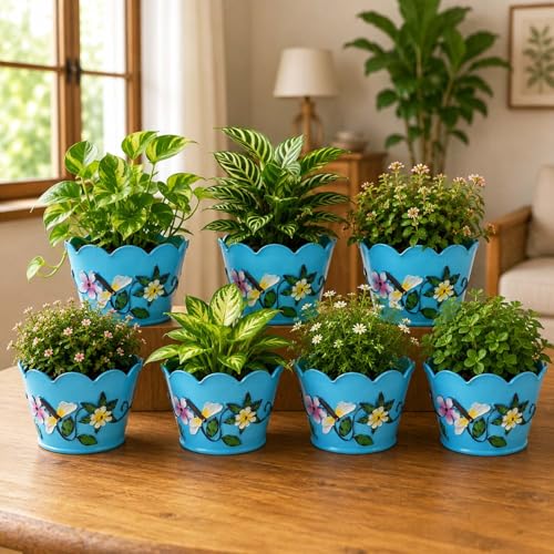 Image of Go Hooked Metal Flower Pot Planter (Pack of 7, 6 Inch) | Decorative Blue Indoor Outdoor Plant Pot with Floral Embossed Design | Round Planter for Home Balcony Garden Decor