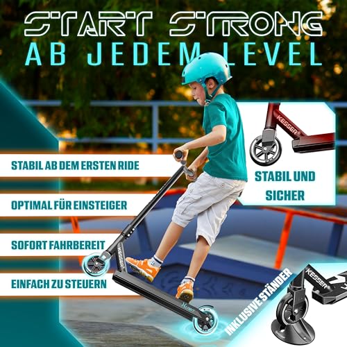 KESSER&reg; Stunt Scooter X-Limit - 360&deg; Lenkung Robuster Funscooter Stuntscooter mit ABEC 9 Kugellagern, 100 mm PU R&auml;der, Kickscooter Tretroller Cityroller Trick Roller f&uuml;r Kinder Erwachsene, Schwarz