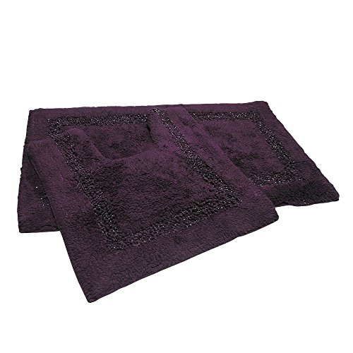 Tony's Textiles Diamante Sparkle 100% Cotton Heavyweight 2 Piece Bath Mat & Pedestal Bathroom Toilet Set Purple Aubergine (Standard)