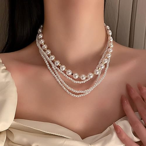 Miniatura 4 de Gargantilla corta de 4 niveles con borlas de perlas multicapa para novia, accesorios para mujer, Metal