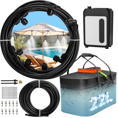 Bonviee 36FT Portable Mister for Outside Patio Cordless Outdoor Misting System with 5200mAh Pump 5.8 Gal/22L Bucket Tank 36FT/ 11M Hose & 6 Nozzles Patio Misters for Umbrella Greenhouse Camping
