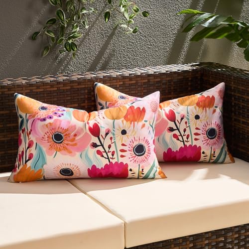 KWLET Housse de Coussin 30x50 Decoratif Housse Coussin Exterieur Imperméables 30x50 cm, Rose Vif Et Turquoise, Imprimé Floral Printemps/Été, Lot de 2 pour...
