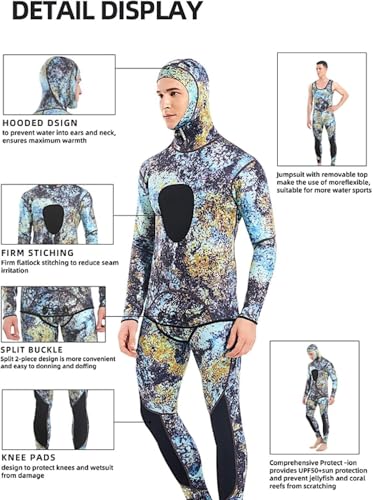 Wetsuit Men Hooded Scuba Diving Suit Neoprene Split Surfing Camouflage Long Sleeved 2-Pieces Swimsuit Deep Diving Suit (Mosaic, Medium, 3, Millimeters)