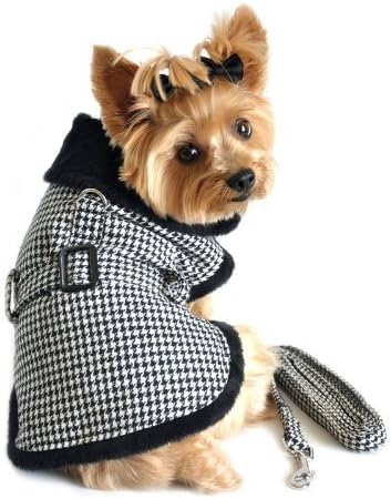 DOGGIE DESIGN Black and White Classic Houndstooth Dog Harness Coat with Leash S