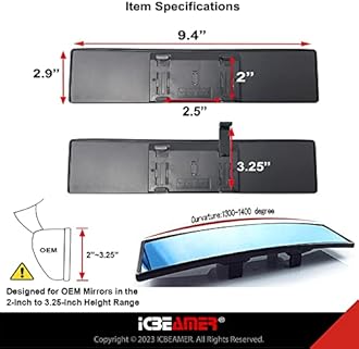 ICBEAMER 9.4" 240mm Easy Clip on Wide Angle Panoramic Blind Spot Fit Auto Interior Rear View Mirror Convex Blue Surface
