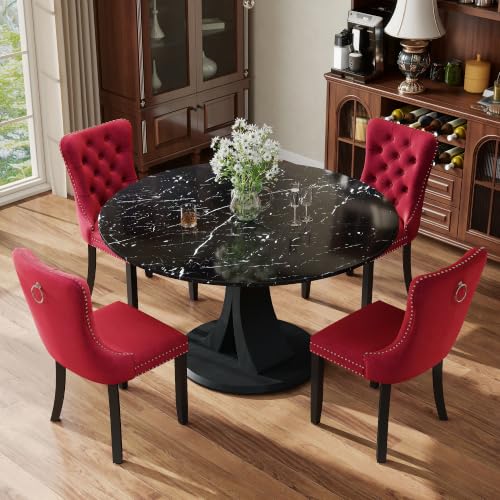 Image of 5-Piece Dining Table Set for 4 with 47 In Black Faux Marble Round Table