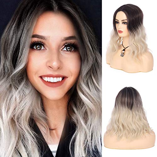 Beweig Brown to Blonde Wavy Wigs for Women Short Bob Middle Part Synthetic Wigs Heat Resistant Fiber Cosplay Party Hiar Wig