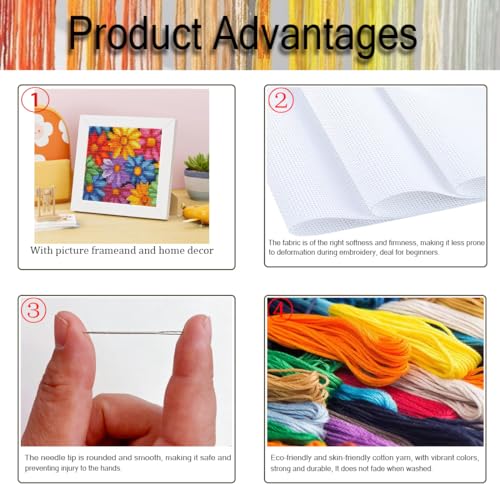 Image of Tiwabb Flower Cross Stitch Kits for Adults Beginners,Stamped Cross Stitch Kits with Framed,Embroidery Kit for Beginners,Full 11CT Cross-Stitch Arts and Crafts for Adults 7x7inch