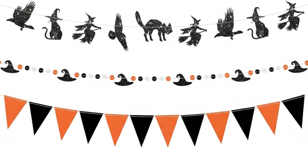 KatchOn, Glitter Orange and Black Halloween Garland - 10 Feet, Pack of 3 | Pennant Banner for Halloween Decorations | Garland for Witch Hat Decor, Fireplace Decor | Spooky Party Hanging Decoration