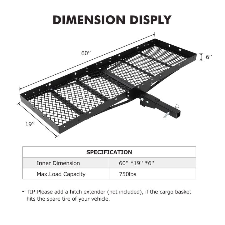 EliteEdge 750 Lbs Capacity Cargo Baskets - Heavy-Duty Hitch Mount Cargo Carrier Basket, 60