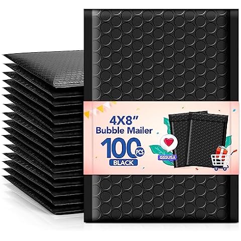 GSSSUSA Bubble Mailers 4x8 Inch 100 Pack Padded Envelopes Usable Size 4x7 Inch Shipping Envelopes Self Seal Small Packaging Shipping Bags for Mailing Jewelry, Small Business, Black Cover