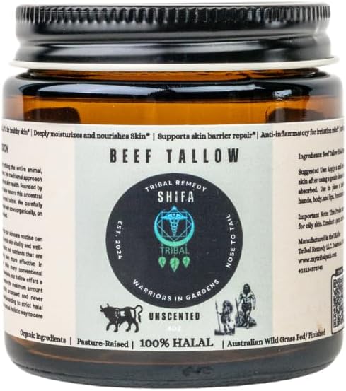 Pure Organic Halal Beef Tallow (Unscented) - SHIFA Skin Moisturizer – Rich in Vitamins A, D, E, and K – Deeply Hydrating and Anti-Inflammatory – Natural and Non-Toxic – 4 oz Jar