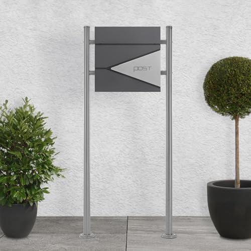 ECD Germany Standbriefkasten mit Zeitungsfach Design Briefkasten mit Pfosten Briefkastenanlage Briefkastenständer Silber 120 cm Edelstahl Postkasten Anthrazit-Silber Edelstahl pulverbeschichtet