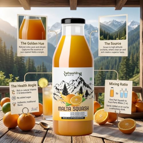 Image of REFRESHING ROOTS Uttarakhand Wild Orange (MALTA) Squash 300 ML Pack Glass Bottle | Cold Pressed | Uttarakhand Authentic Taste | Added Honey | No Artifical Colors | Rich In Vitamins -C | Malta Squash
