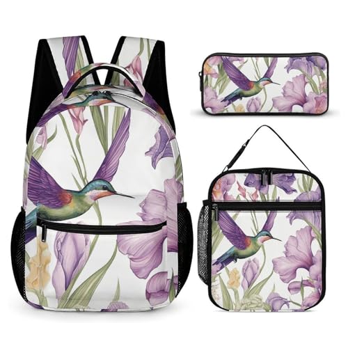 Hummingbirds Irises Flowers Backpack Set 3 Piece, Durable Backpack Insulated Lunch Bag Portable Pencil Case for Men Women