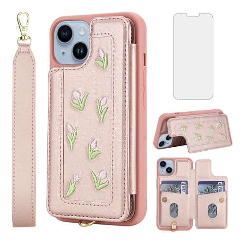Coque iPhone 14 portefeuille avec cordon amovible et protection écran en verre trempé