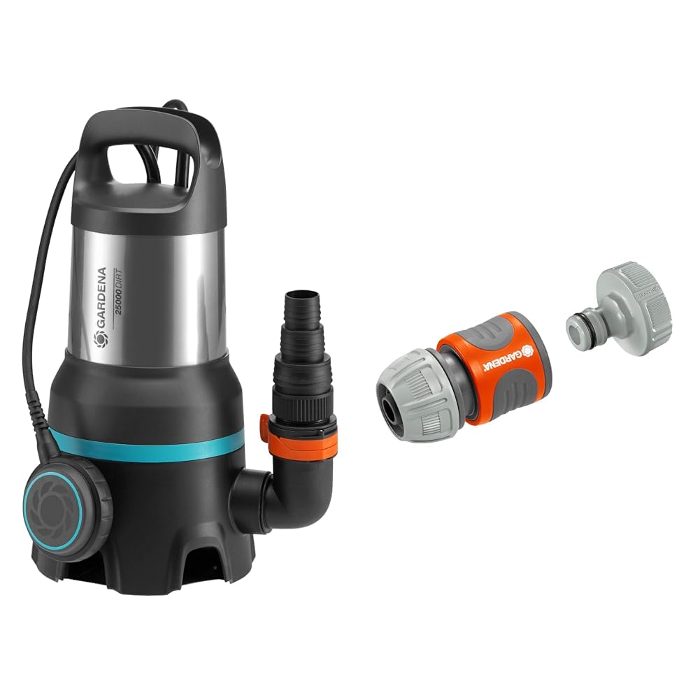Gardena Schmutzwasser-Tauchpumpe 25000: Tauchpumpe mit Fördermenge 25.000 l/h & Pumpen-Anschlusssatz: Schlauchkupplung zum schnellen Anschluss von 13 mm