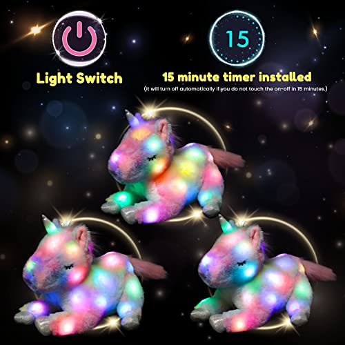 Hopearl LED Plush Unicorn Lighting Up Stuffed Mommy Unicorn with 3 Baby Unicorns in her Tummy Stuffed Animal Playset Night Lights Glow in The Dark for Mom Toddler Girls, Rainbow, 19\'\'
