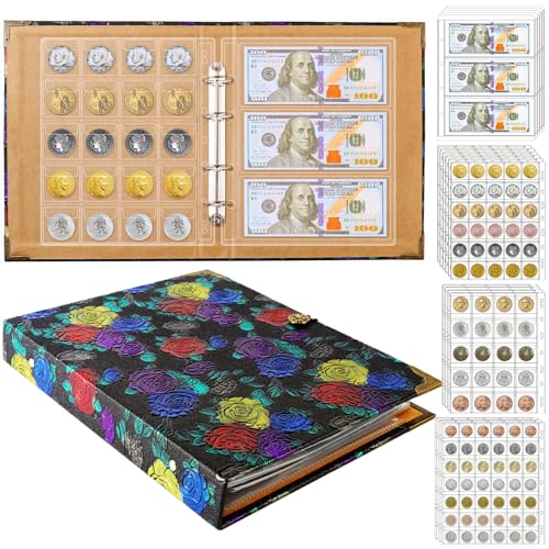 Soporte para libros de colección de monedas para coleccionistas, suministros de colección de monedas, 386 bolsillos, libros de colección de monedas para almacenamiento de monedas y 15 fundas para