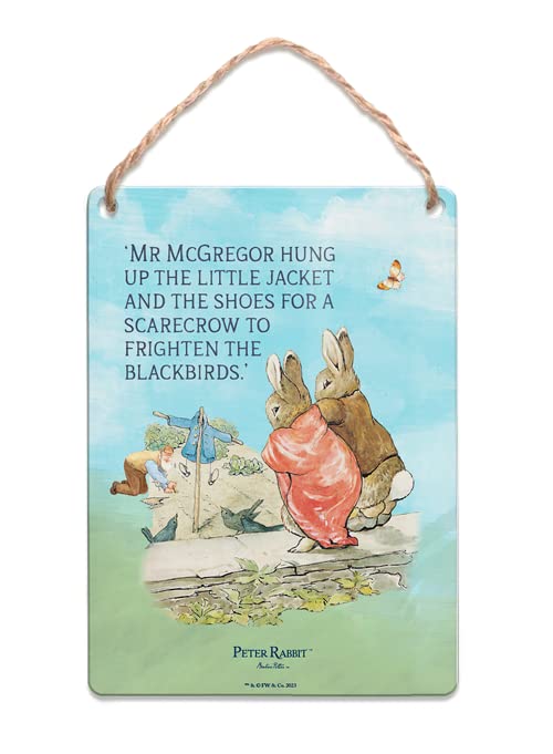 The Original Metal Sign Dangler (65 x 90 mm) - Beatrix Potter - Flopsy and Benjamin Bunny - Mr McGregor hung up little jacket…