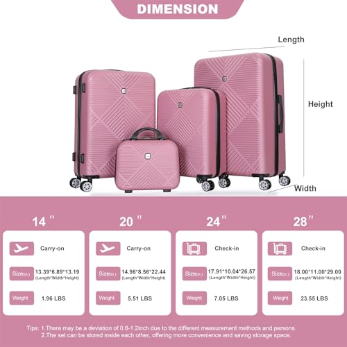 4-piece ABS lightweight suitcase, 14 inch makeup box, aircraft wheels (14/20/24/28) PINK4