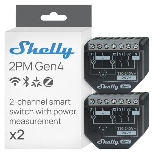Shelly 2PM Gen4 - Module volet roulant connecté Matter, Zigbee, Wi-Fi, 2 Canaux 8A, Mesure consommation électrique, Contrôle app, Compatible Alexa, Google, SmartThings, Apple Homekit - Lot de 2