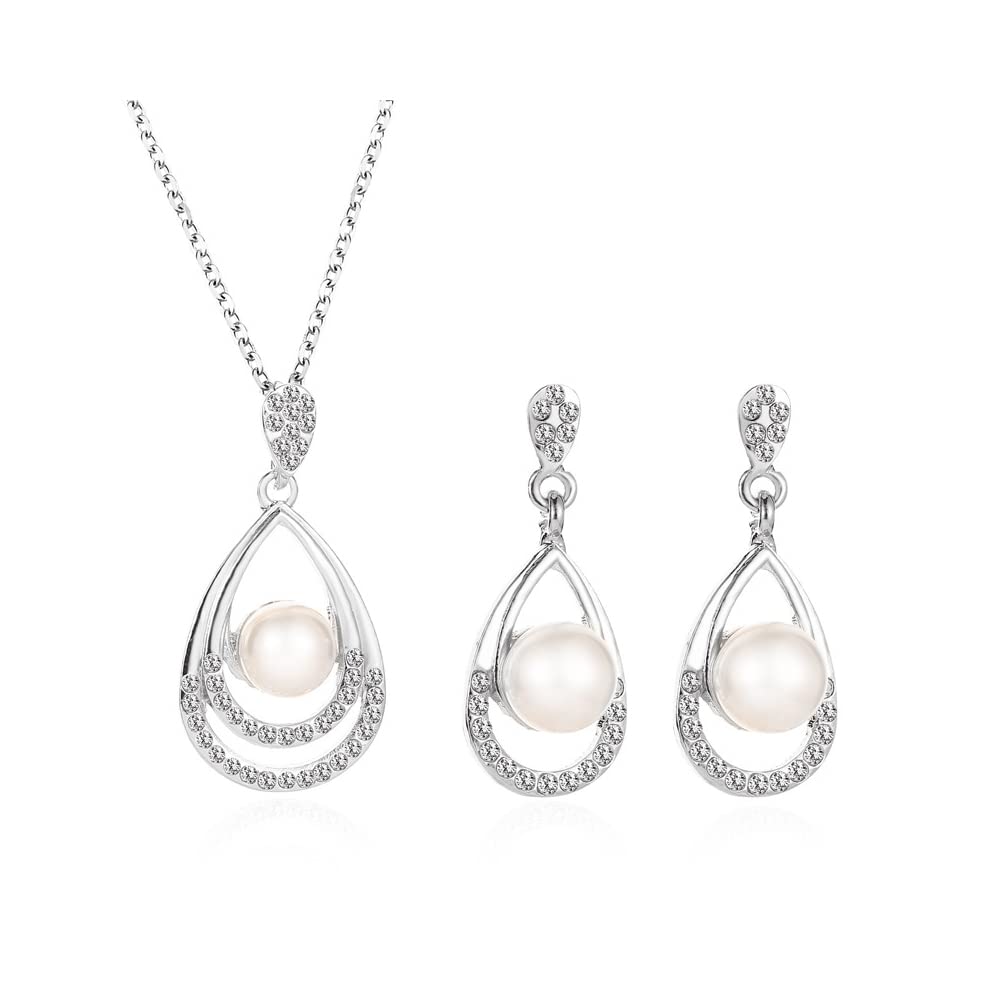 QKEPCY Perlas Conjuntos de Joyas Lágrima para Mujer Perlas Collar con Colgante y Pendientes Zirconia Cúbica Juego Conjuntos de Joyería de Joyas de Novia Boda Navidad San Valentín Regalos