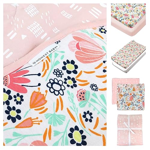 HonestBaby 7-Piece and 5-Piece Sweet Dreams Nursery Gift Set 100% Organic Cotton for Infant Baby Boys, Girls, Unisex, 7-Piece Flower Power, One Size